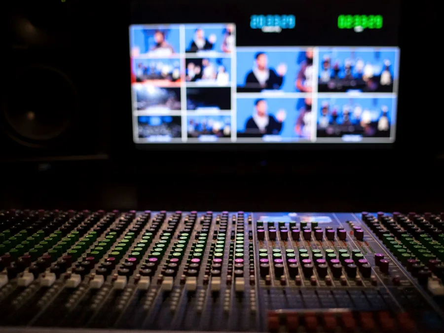 Meja kendali video switcher di ruang produksi
